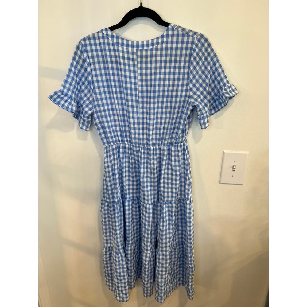 Blue Gingham Tiered Midi Dress Cottagecore Ruffle Sleeve Size S - Picture 2 of 3